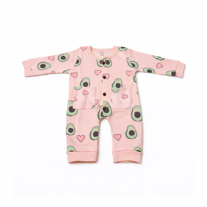 Pink baby romper with avocado and heart pattern on a white background