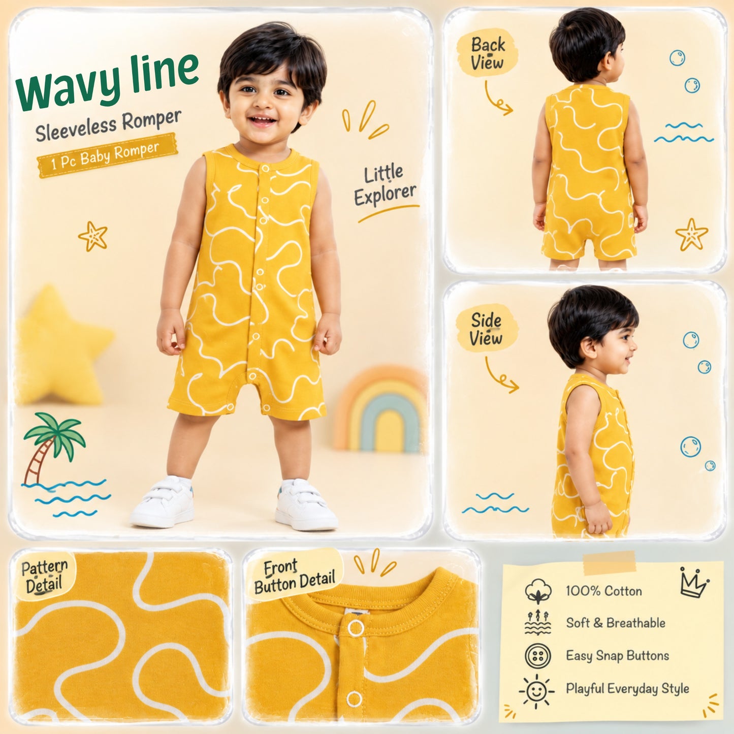 Wavy Line Printed Cotton Romper
